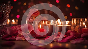 Valentine's ambiance with candles, heart confetti, and bokeh