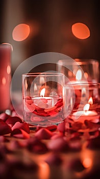 Valentine's ambiance with candles, heart confetti, and bokeh