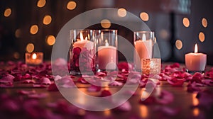 Valentine's ambiance with candles, heart confetti, and bokeh