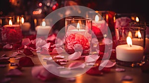 Valentine's ambiance with candles, heart confetti, and bokeh