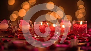 Valentine's ambiance with candles, heart confetti, and bokeh