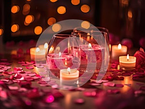 Valentine's ambiance with candles, heart confetti, and bokeh