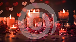 Valentine's ambiance with candles, heart confetti, and bokeh