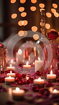Valentine's ambiance with candles, heart confetti, and bokeh