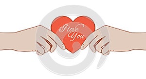 Valentine`s card in female hands. Vector illustration