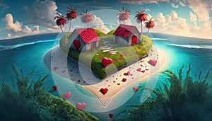 Valentine's card, heart-shaped island, sandy beach, red-roofed huts, palm, hearts, ocean, secluded, romantic getaway
