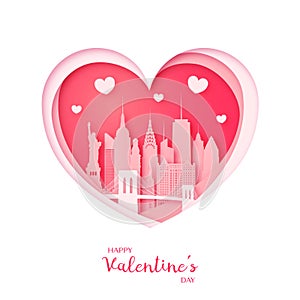 Valentine`s card. Paper cut heart and city of New York.