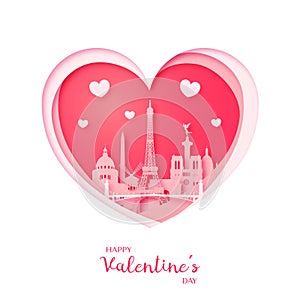 Valentine`s card. Paper cut heart and city of Paris. Happy Valentine day.