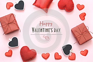 Valentine`s card. Red hearts decor with space for your text on pink background. Copy space. Top view