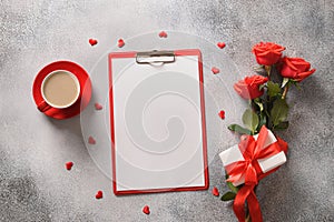 Valentine's card with red roses, romantic gift, blank for love letter.