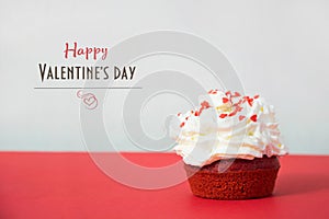 Valentine`s card. Red velvet cupcake, muffin with topping