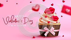 Valentine\'s cup cake text vector design. Happy valentine\'s day greeting card with cupcake dessert and lips decoration