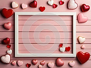 valentine\'s day. 3d hearts on a pink simil wood background