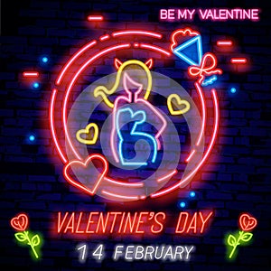 Valentine`s day. 3d neon sign. Neon word BE MY VALENTINE. Realistic neon sign. Love day banner, logo, emblem and label. Bright