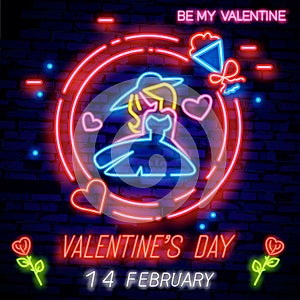 Valentine`s day. 3d neon sign. Neon word BE MY VALENTINE. Realistic neon sign. Love day banner, logo, emblem and label. Bright