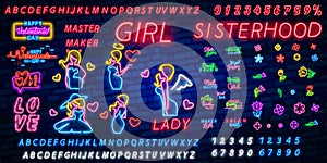 Valentine`s day. 3d neon sign. Neon word GIRL LADY SISTERHOOD. Realistic neon sign. Love day banner, logo, emblem and label.