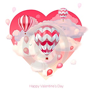 Valentine`s day 3d vector illustration. Pink heart with realistic flying hot air balloons and semitransparent clouds. Holiday card