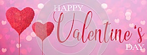 Valentine`s Day abstract background in pink colors and red heart balloons and lettering, isolated on bright texture - Hearts boke