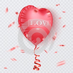 Valentine`s day abstract background with red 3d balloon Heart shape. February 14, love. Romantic wedding greeting card