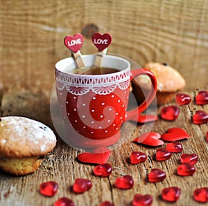 Valentine `s Day, All Lovers `Day, I love you and give you a gift, red crap and red hearts, candy red hearts,