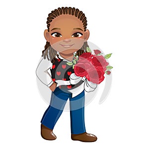 Valentine s Day with American African Boy holding Bouquet of roses cartoon character vector