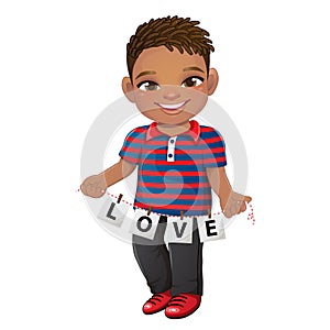 Valentine s Day with American African Boy holding letters of word LOVE cartoon character vector