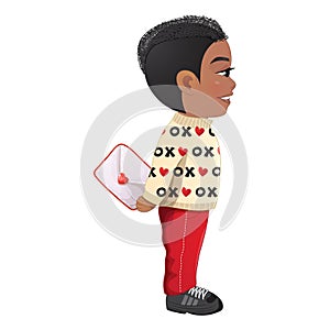 Valentine s Day with American African Boy Side View holding Love Letter flat vector illustration