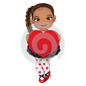 Valentine s Day with American African Girl holding Red Heart Cartoon Character Vector