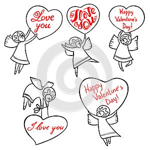 Valentine`s Day angels set with cute hand drawn lettering. I lov