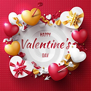 Valentine`s day background with 3D hearts, love arrow, and gift box.