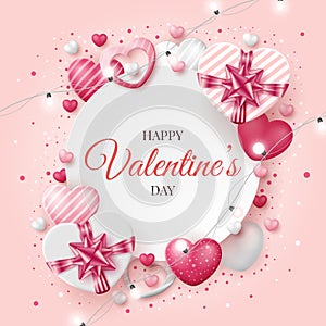 Valentine`s day background with 3D hearts, shining lights and gift box.