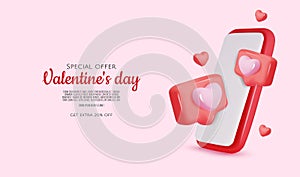 Valentine s day background. 3D valentine illustration with hearts, bubble chat, and smartphone.