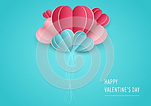 Valentine`s day background. Abstract background. Balloons hearts pink and blue papaer cut card on light blue backgroungd. Design