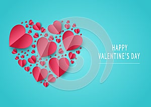 Valentine`s day background. Abstract background. Hearts red papaer cut card on light blue backgroungd. Design for valentine`s da