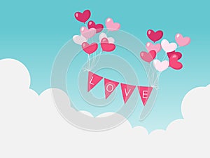 Valentine`s Day background heart shape balloons hanging with LOVE text on flag floating on blue sky and white clouds background.