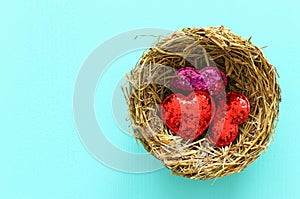 Valentine`s day background with bird nest and glitter hearts. Top view