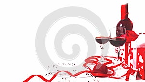 Valentine`s day background with bottle and glasses of wine and gifts, wedding ring. marry me concept