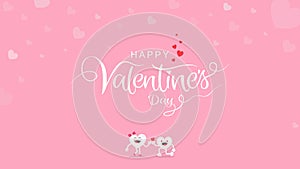 Valentine`s Day background with calligraphy handwriting with cute cartoon on pink background