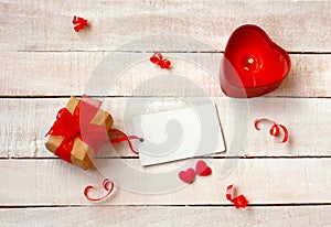 Valentine`s day background, candle, gift box, paper tag