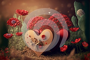 ValentineÂ´s day background, colored hearts flowers, gifts, postcard, landscape, paper kraft