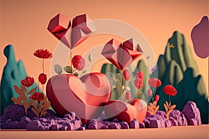 ValentineÂ´s day background, colored hearts flowers, gifts, postcard, landscape, paper kraft