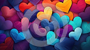 Valentine's Day background with colorful hearts, rainbow abstract wallpaper, greeting card for lovers with copy space