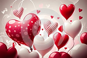 Valentine`s day background with colorful hearts. Variety of hearts shaped balloons flying around