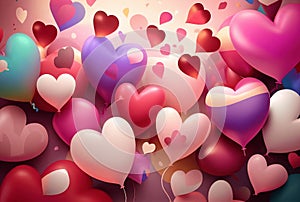 Valentine`s day background with colorful hearts. Variety of hearts shaped balloons flying around