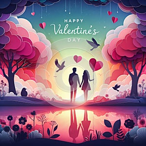 Valentine\'s day background with couple in love, Paper art