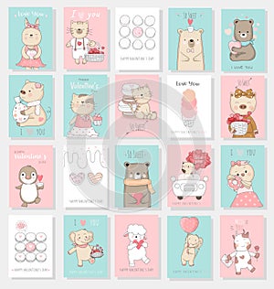 Valentine`s Day background with cute baby animal cartoon