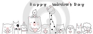 Valentine`s Day background with cute baby animal cartoon h