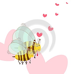 Valentine`s day background with cute bees cartoon and heart sign symbol on white background vector illustration. Love Bee