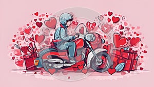 Valentine\'s day background, delivery, a boy on a motorcycle with hearts around