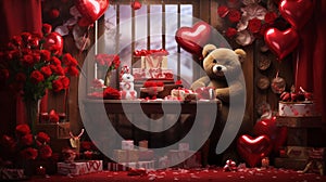 Valentine\'s Day background filled with the timeless charm of red roses, cuddly teddy bears, delectable chocolates.
